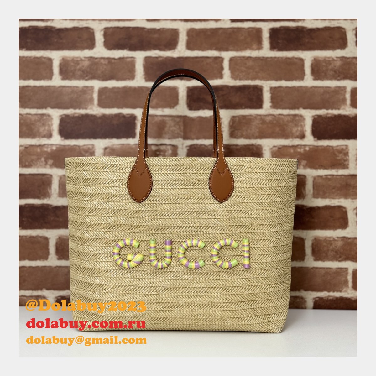 G*u*i duplicate straw-effect tote 779666 beige fabric bag