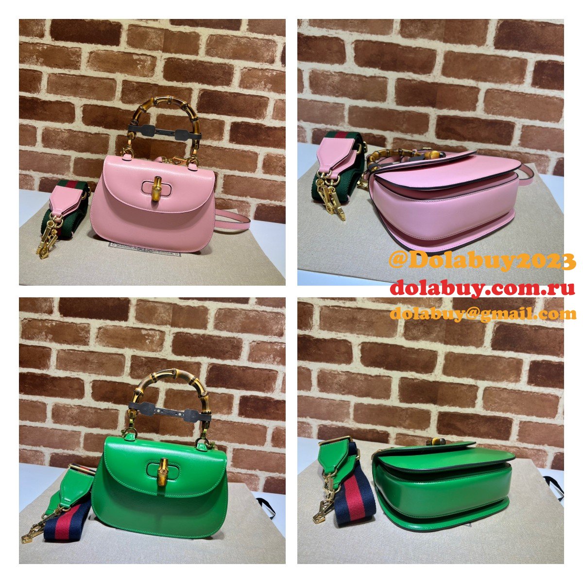 perfect G*u*i copy 675797 small top handle pink/green bag with bamboo