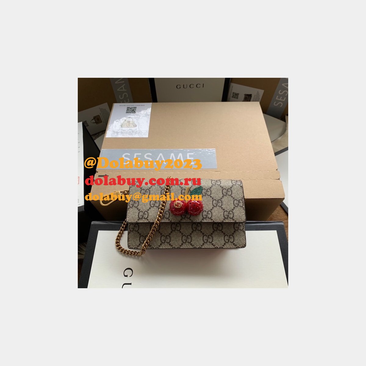 G*u*i designer beige gg supreme mini bag with cherries