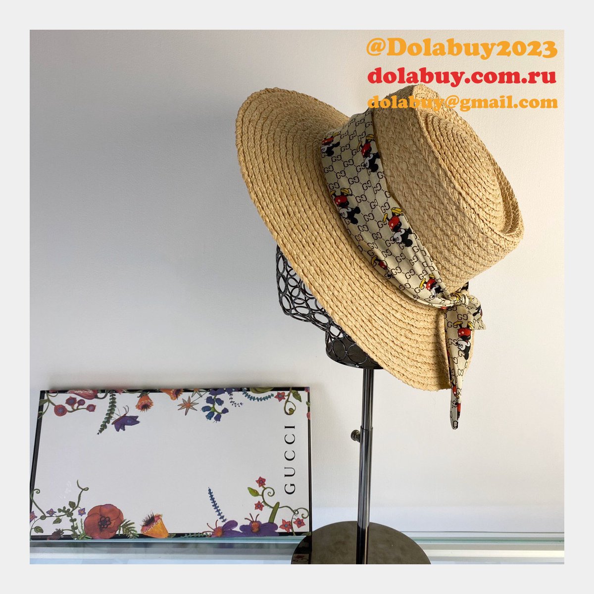 G*u*i replica 2020 mickey ribbon raffia uk hat